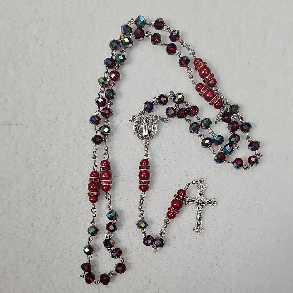 Red Pearls & Red Beaded Rosary Necklace with Crucifix